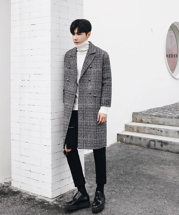 New Winter Double-breasted Plaid Wool Coat Men Loose Blends Windbreaker Fashion Vintage Tartan Long Men's Outerwear DS50825