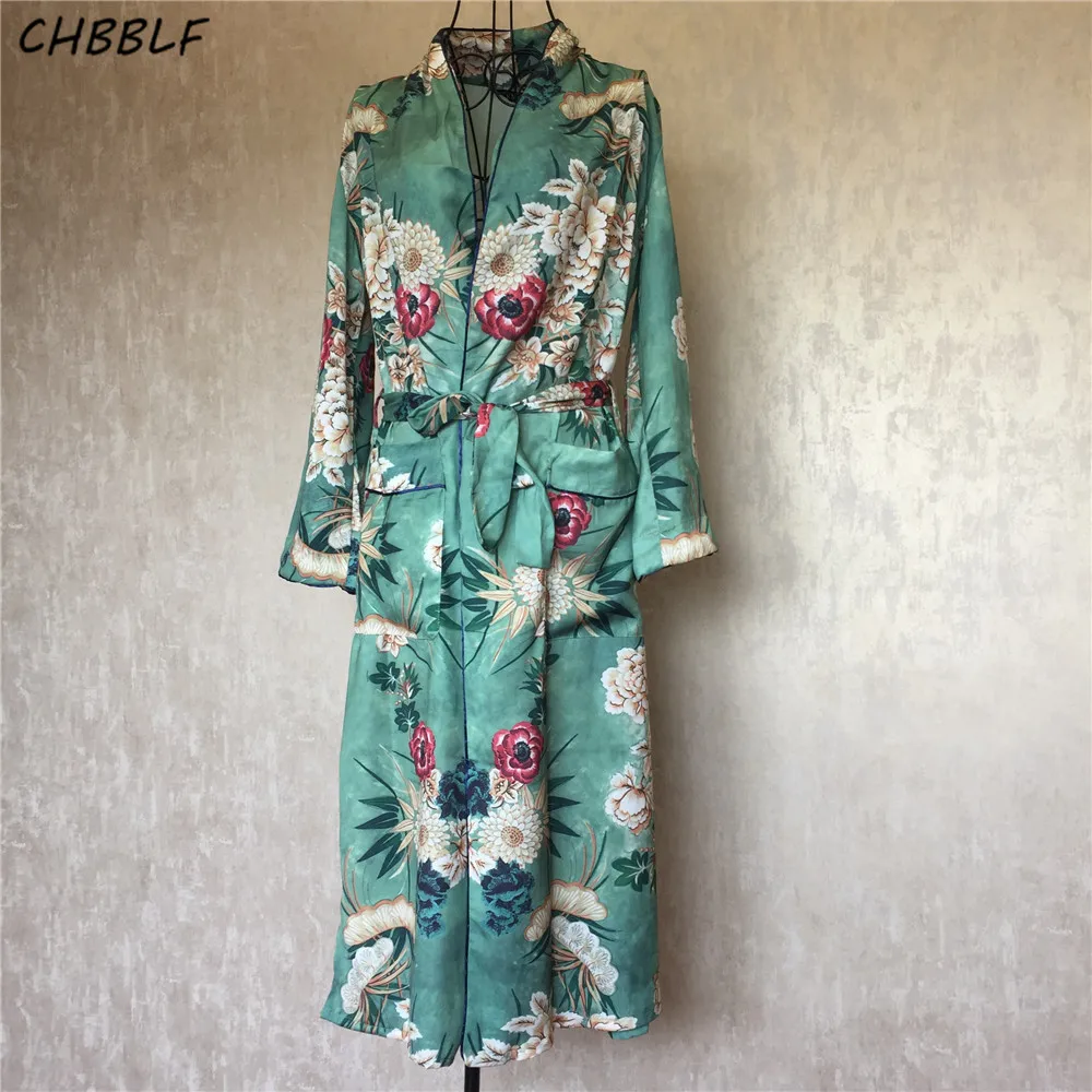 Новое весеннее кимоно с отложным воротником пальто принтом винтажное поясом