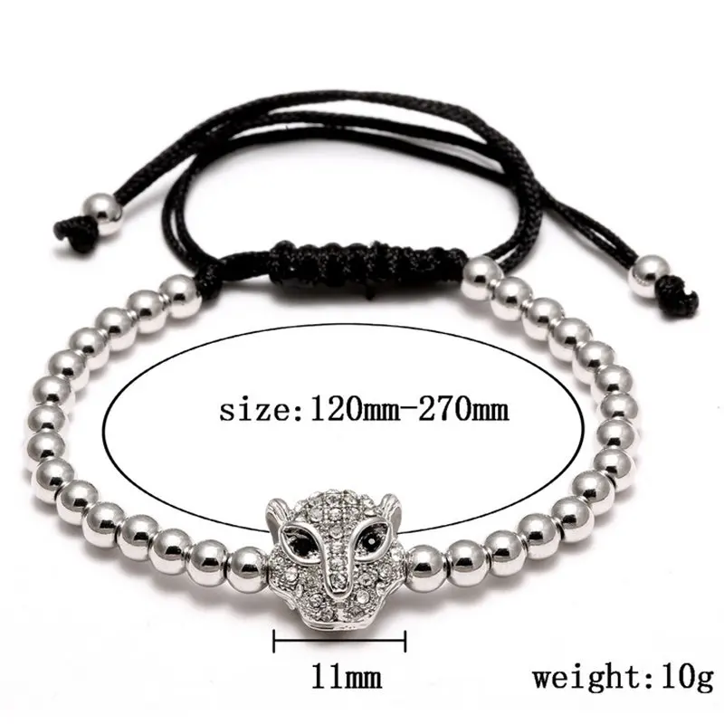 Модные мужские браслеты и микро паве CZ голова леопарда Плетеный макраме Шарм