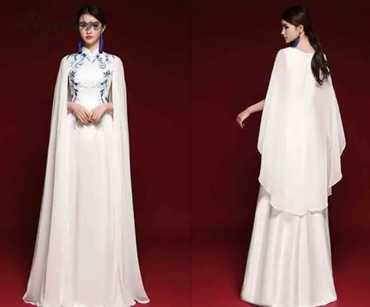 Новые модные синие белые длинные платья Cheongsam из шифона с вышивкой Qi Pao, женское традиционное платье на одно плечо, платье Qipao