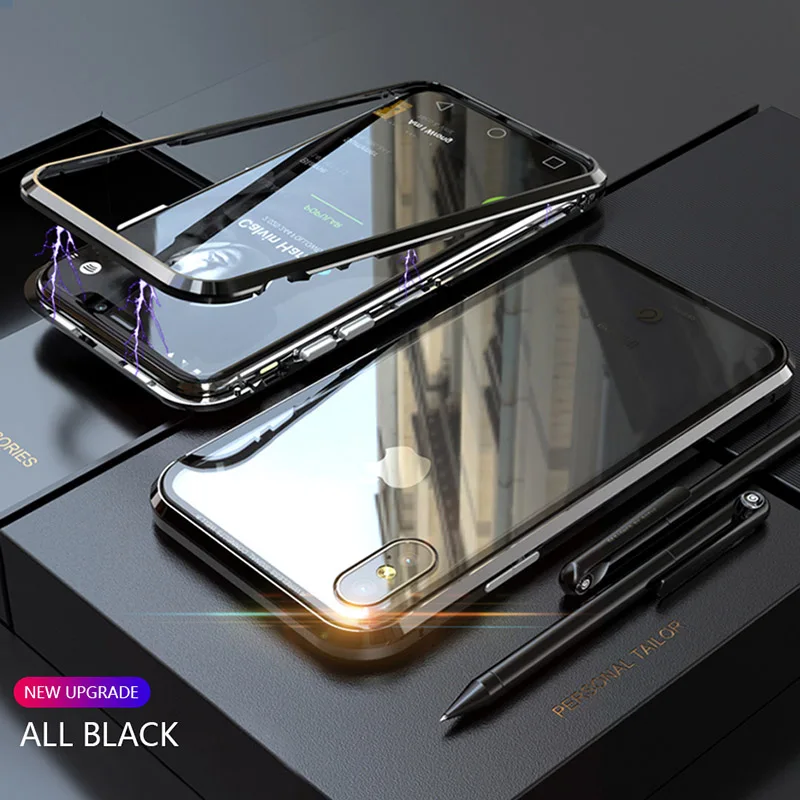 all black CHYI 360 магнитный металлический чехол для iPhone X XS Max 8 Plus 7 закаленное стекло задняя крышка для iPhone 8 7 Plus сплав металлическая рамка обновление - Цвет: all black