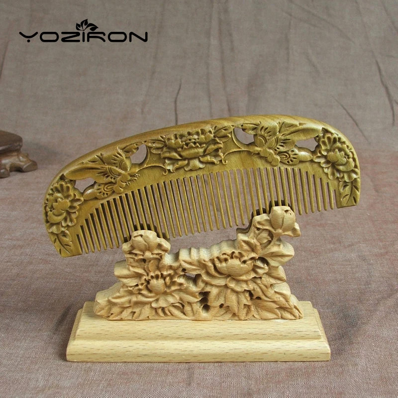 Yoziron природные бабочка деревянный гребень зеленый сандалового дерева резьба