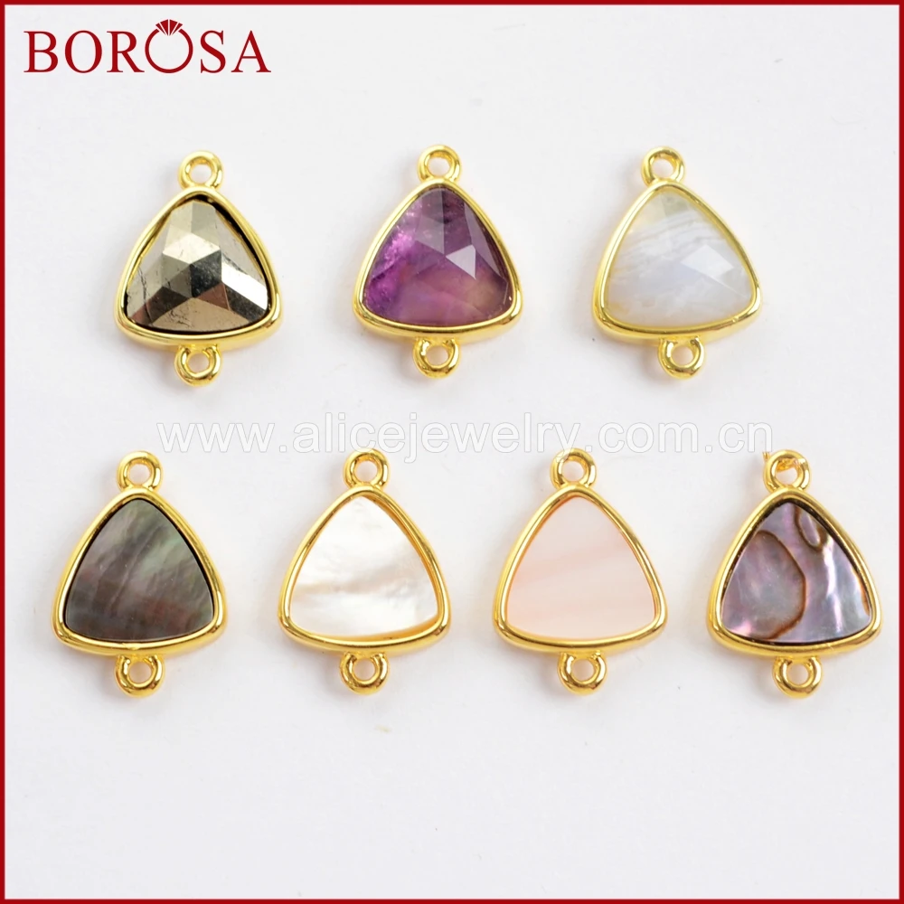 

BOROSA 10pcs Triangle Multi-kind Faceted Stones Gold Connector Natural Amethysts Shell Double Charms for Jewelry Making WX991