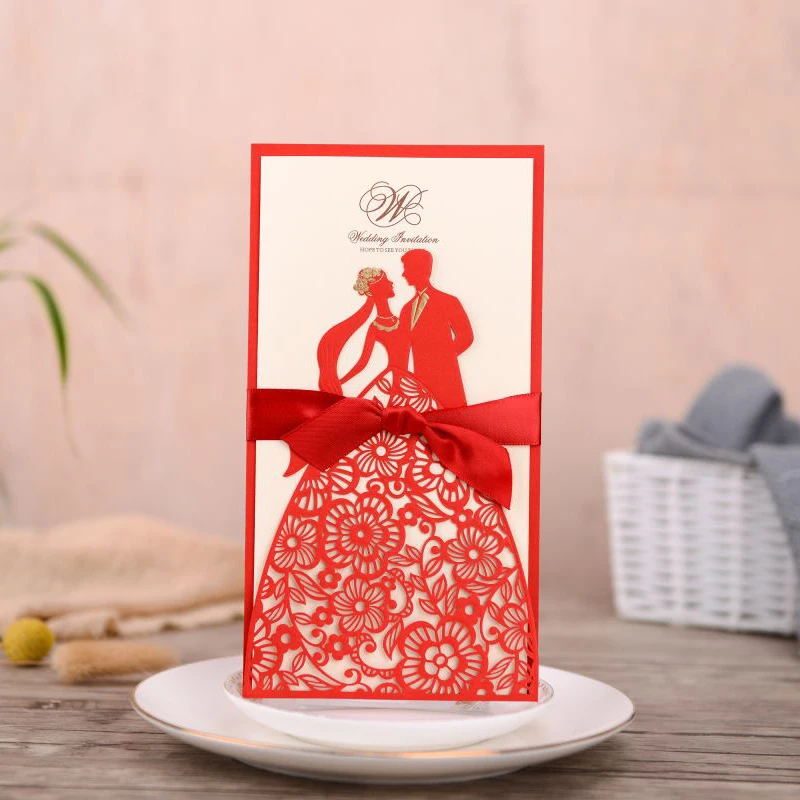 50pcs Laser Cut Wedding Invitations Card Bride And Groom Print Greeting Cards With Ribbon Decoration Party Supplies | Дом и сад