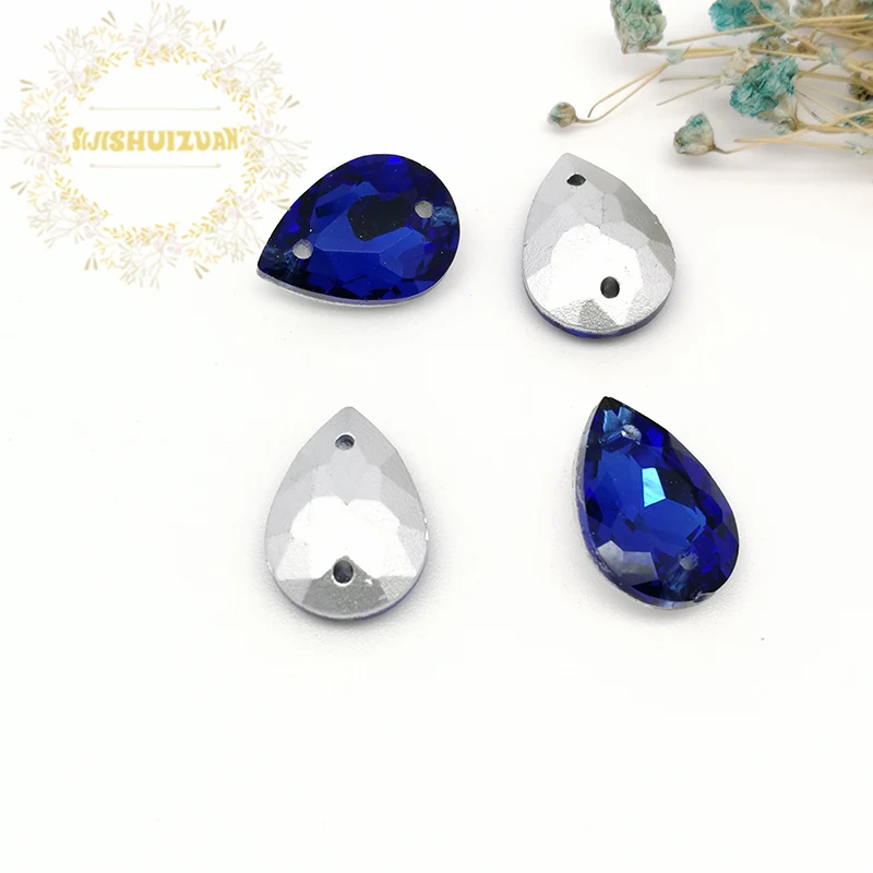 Sapphire blue water-drop shape Glass Crystal sew on rhinestones with two holes Diy wedding dress accessories Free shipping | Дом и сад