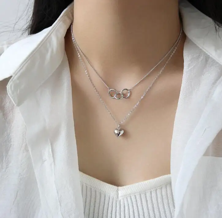 silver SHANICE стерлингового серебра 925 кулон ожерелье геометрический круг любовь сердце двухслойные для женщин ювелирный подарок для возлюбленных - Окраска металла: silver