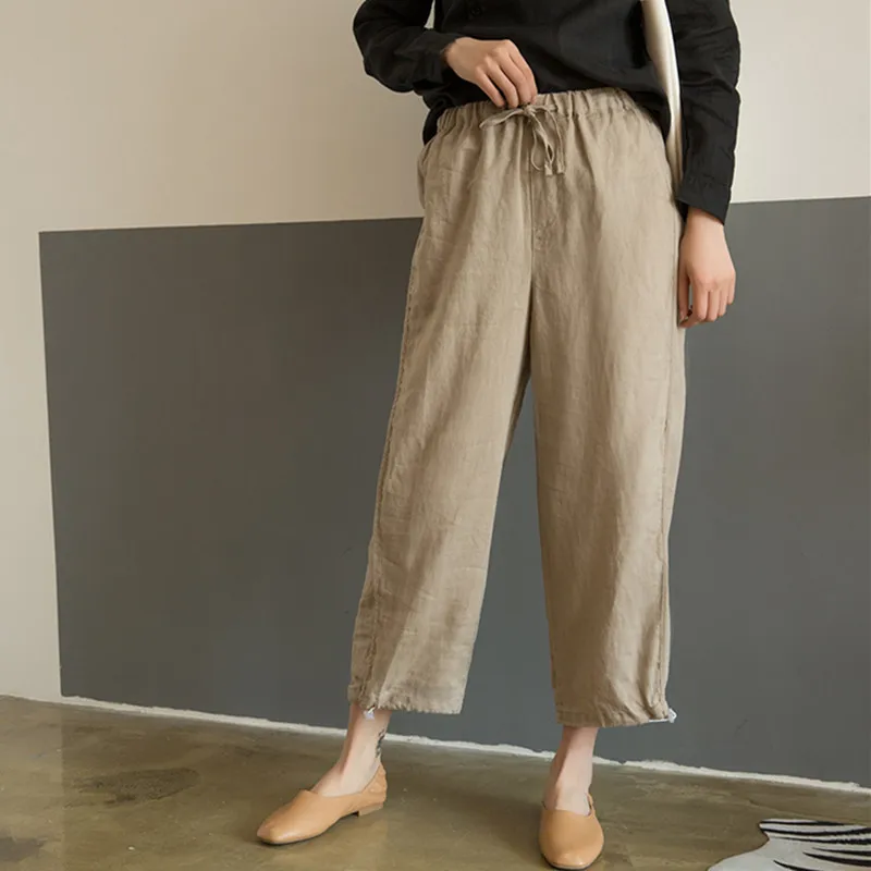 Johnature 2021 Elastic Wiast Solid Color Cotton Linen Summer New Women Clothes Harem Pants Loose Casual Ankle-length | Женская одежда