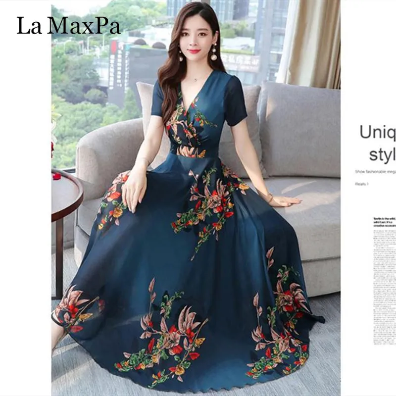 Loose Large Size Beach Vacation Dress New Arrival Print Chiffon Dress V Neck Fashion Elegant midi dress Casual korean dress