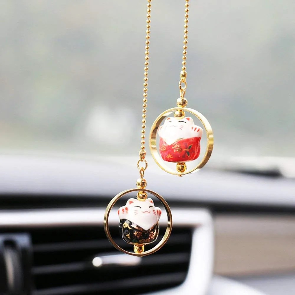 black-red Maneki Neko манекен счастливый кот автомобиль Шарм фарфоровая статуэтка подвесной кулон - Цвет: black-red