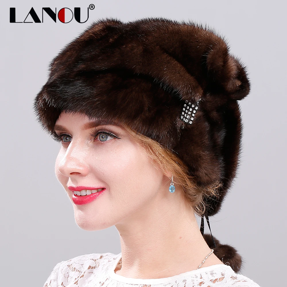 Для женщин зимние Шапки 100% натуральный норки Мех животных Шапка-бини с помпоном