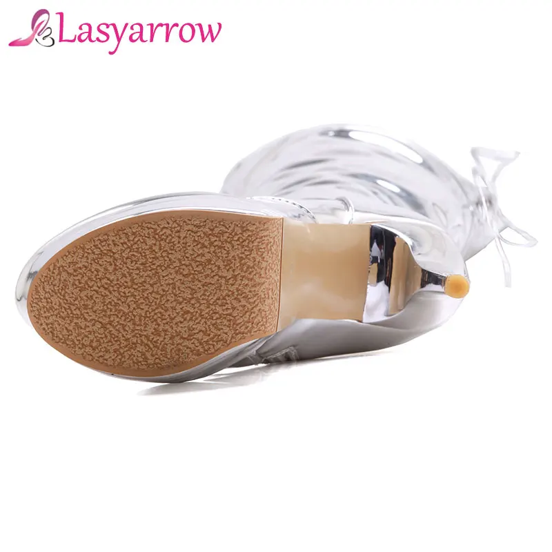 Lasyarrow Для женщин Ботфорты серебро Лакированная кожа; ботинки с высоким голенищем пикантные туфли на шпильке, до бедра женские туфли больших размеров F130