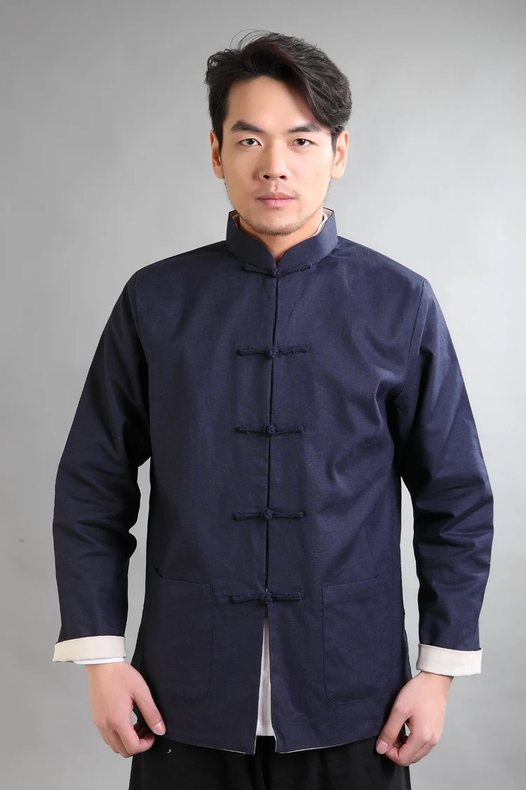 Мужская хлопковая льняная куртка черная бежевая двусторонняя с длинным рукавом