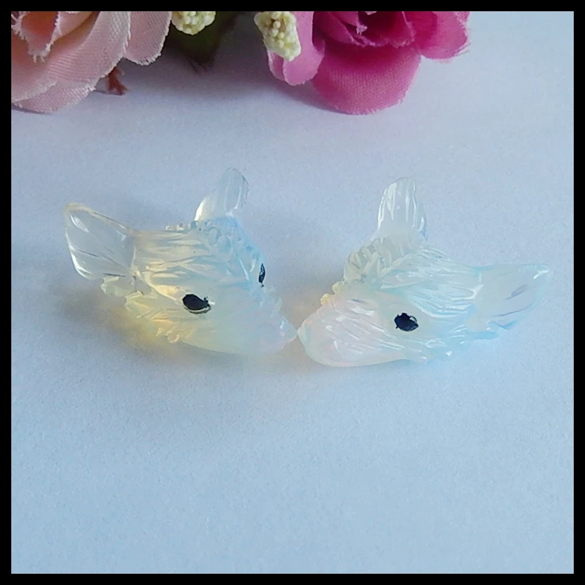 

2 Pcs Carved Opalite wolf head Pendants Beads ,Semiprecious stone jewelry birthday present,25x19x9mm,7.4g