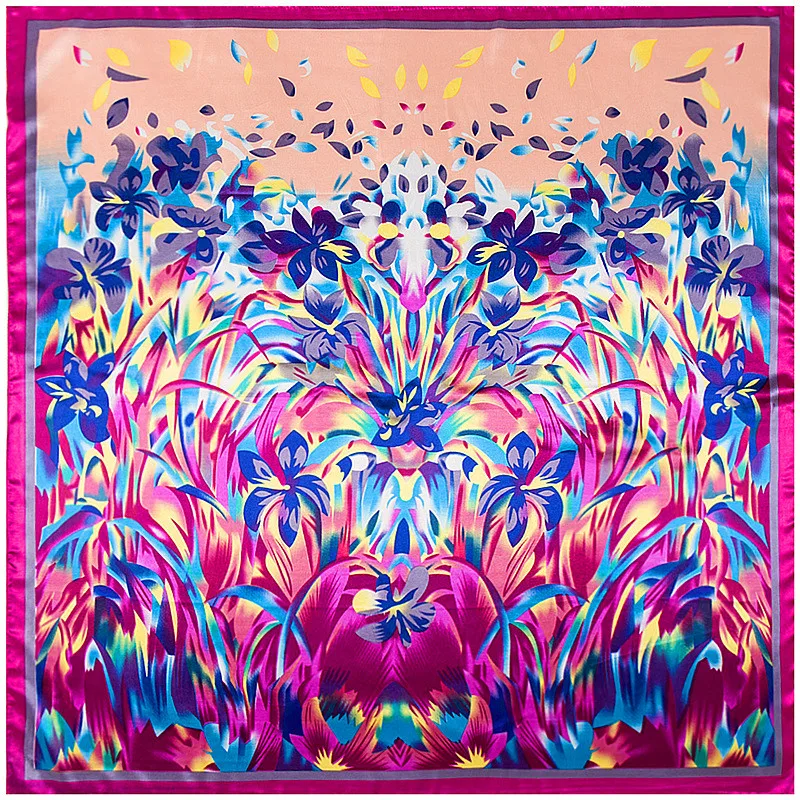 Роскошный шелковый шарф для женщин 90x90 см, большой квадратный мусульманский тюрбан, новый осенне-зимний теплый пашмия с классическим лавандовым масляным рисунком.