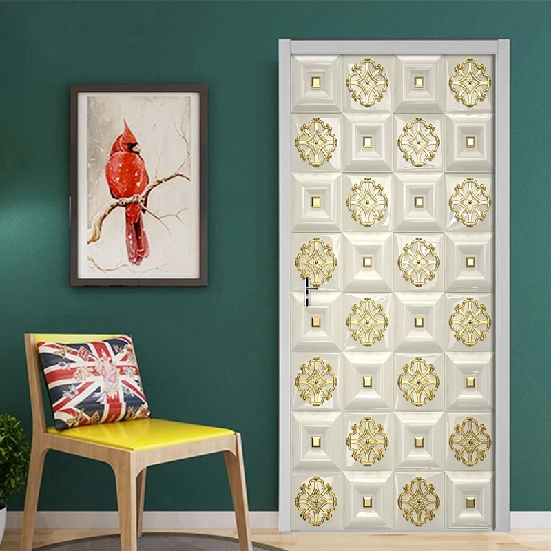 

3D Door Stickers Gold Embossed Lattice Stickers Living Room Bedroom Door Decor self-adhesive Wall Decals Imitation 3D Wallpaper