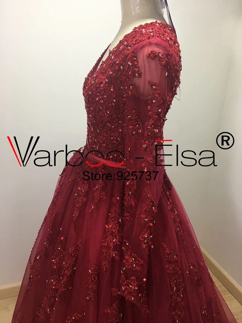 VARBOO_ELSA vestido de noiva Бисер V образным вырезом торжественные платья с красным кружевом с длинным шлейфом мяч халат с рукавами до локтя, свадебные платья в Китае