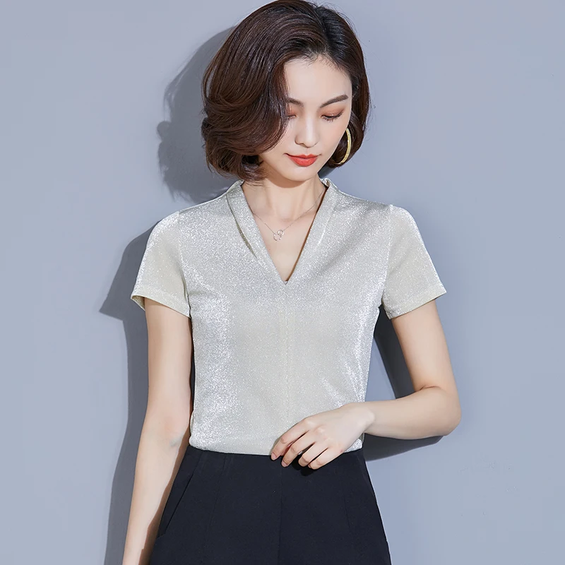 Бежевый Blusas Mujer De Moda, новинка, яркая шелковая кружевная блузка, женские рубашки, блестящий люрекс, сексуальная, короткий рукав, для офиса, Женские топы и блузки - Цвет: Бежевый