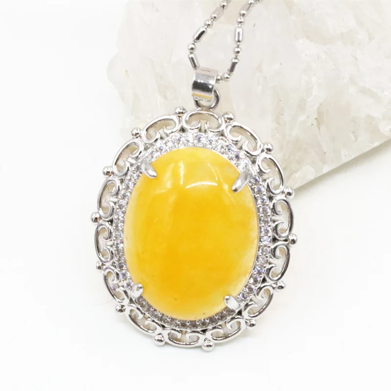Stainless Steel Chain Pendant Necklace Women Zircon Inlay Natural Yellow Jades Stone Chalcedony Necklaces Pendants 28x35mm B3319 | Украшения