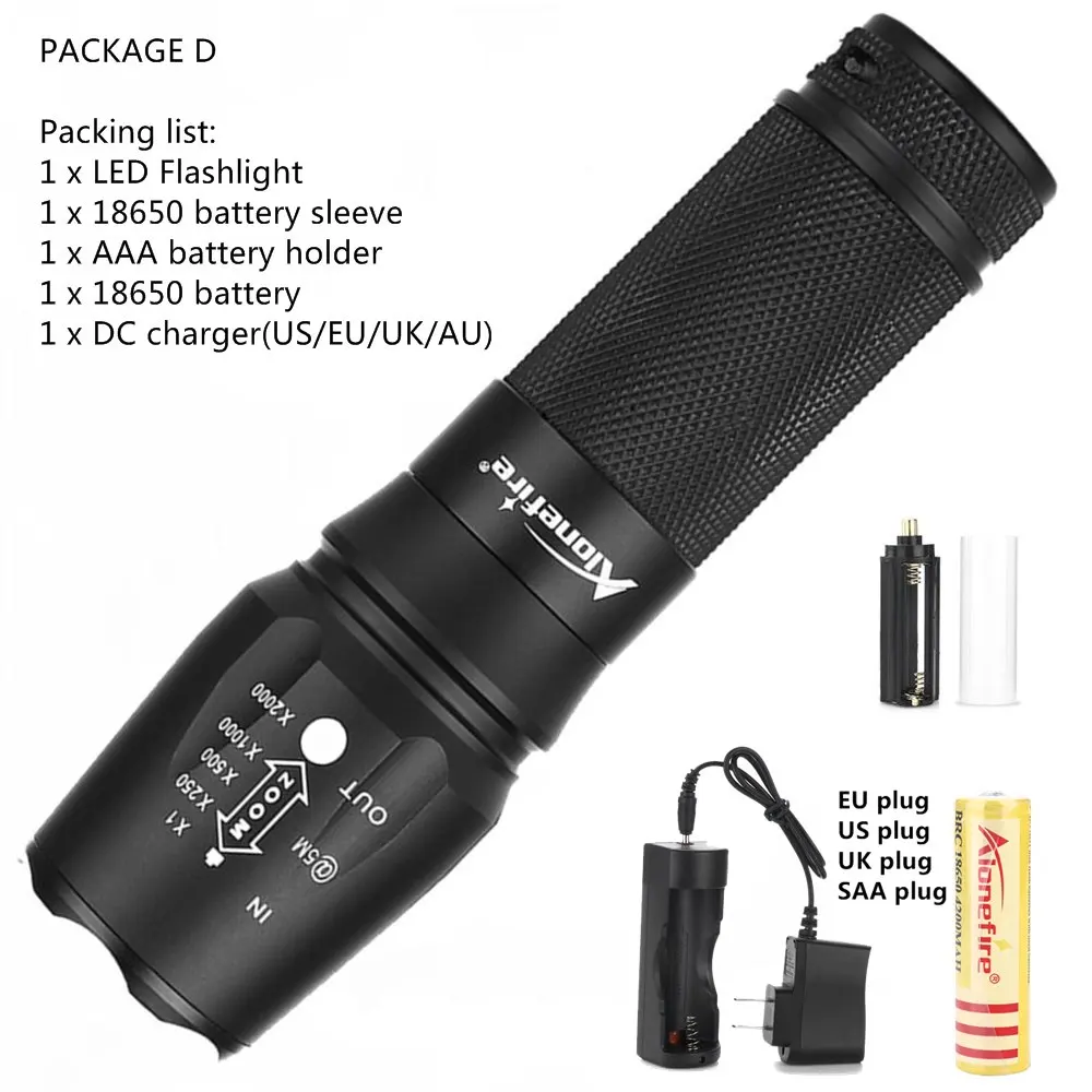 Package D AloneFire X800 CREE Мощный XP-L V6 T6 светодиодный фонарик с зумом 12 Вт супер яркий Troch Home work для 18650 26650 литий-ионный аккумулятор - Испускаемый цвет: Package D