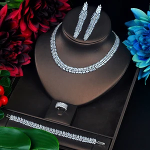 white gold color Hibrid сверкающий полный кубический циркон комплект ювелирных изделий в форме листа длинные кисточки болтаются Brincos ожерелье комплект платье аксессуары N-638 - Окраска металла: white gold color