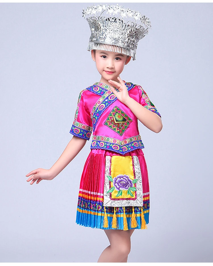 Китайский народный танец костюм детский Hmong китайский национальный танец костюм девушки Miao танцевальный костюм для сценических выступлений