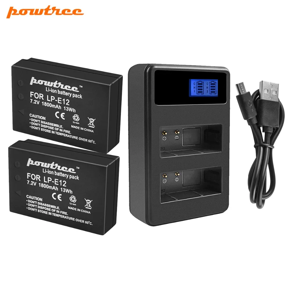 Powtree 1800mAh 7.2V For Canon LP-E12 LP E12 LPE12 Camera Battery AKKU + LCD USB Dual Charger EOS 100D M100 M10 | Электроника