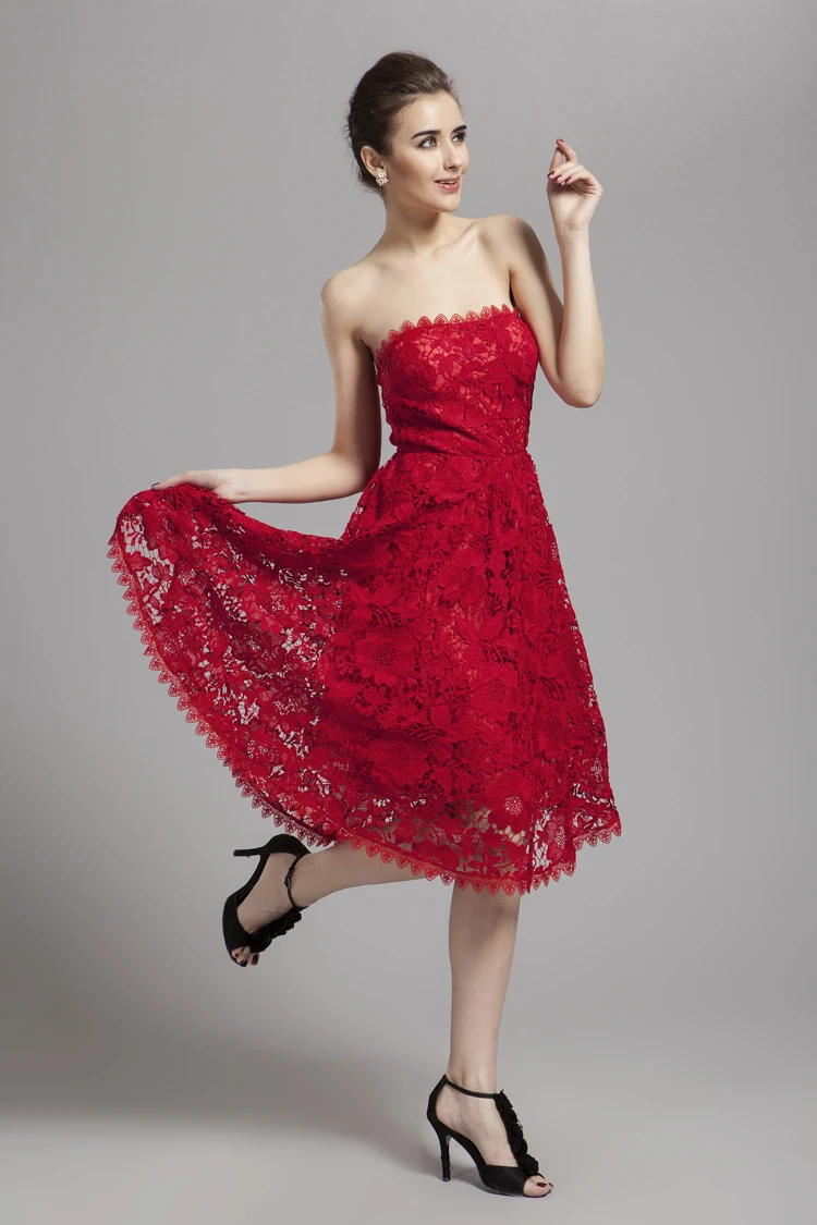 

Beautifly New 2014 Spring Summer Knee Length Red Lace Strapless Celebrity Dresses Evening Prom Girl's Wedding Dress