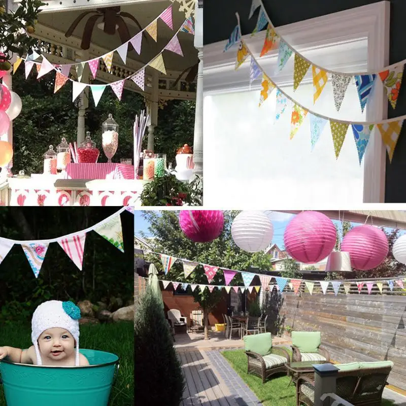 

12 Flags Cotton Triangle Garlands Pennant Vintage Bunting Banner Fabric Decor Baby Show Flags Wedding Party Supplies 3.2m
