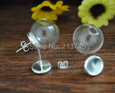 

Free ship!! 50sets/lot 14mm*4mm round glass globe & 8mm silver earings base&plug set glass vial earring set , glass ball cover