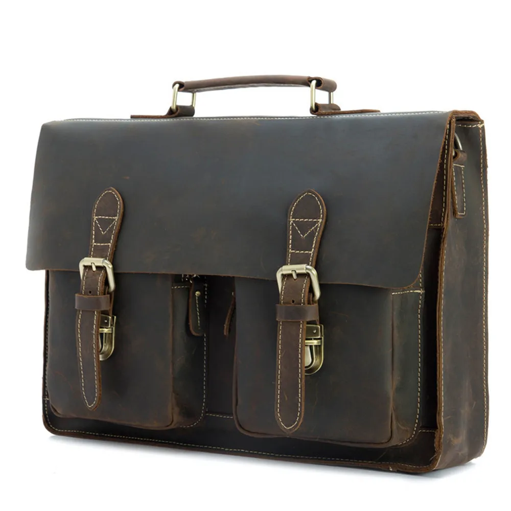 Men's Crossbody Laptop Bag Genuine Leather Business Briefcase Crazy Horse 15.6 Inches Handle Handbag Male Messenger Shoulder Bag