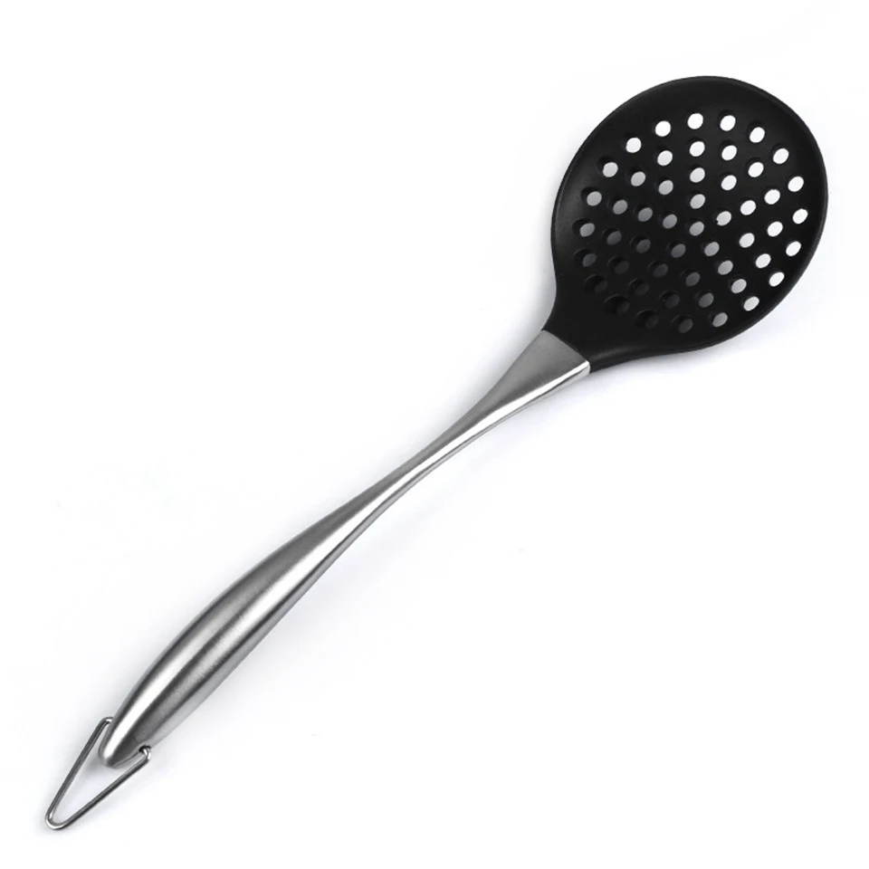 Slotted Spoon Black Розовые/черные силиконовые наборы инструментов для приготовления пищи с ручкой из нержавеющей стали, ложка для взбивания яиц, лопатка, Тернер, кухонные принадлежности, наборы кухонной посуды - Цвет: Slotted Spoon Black