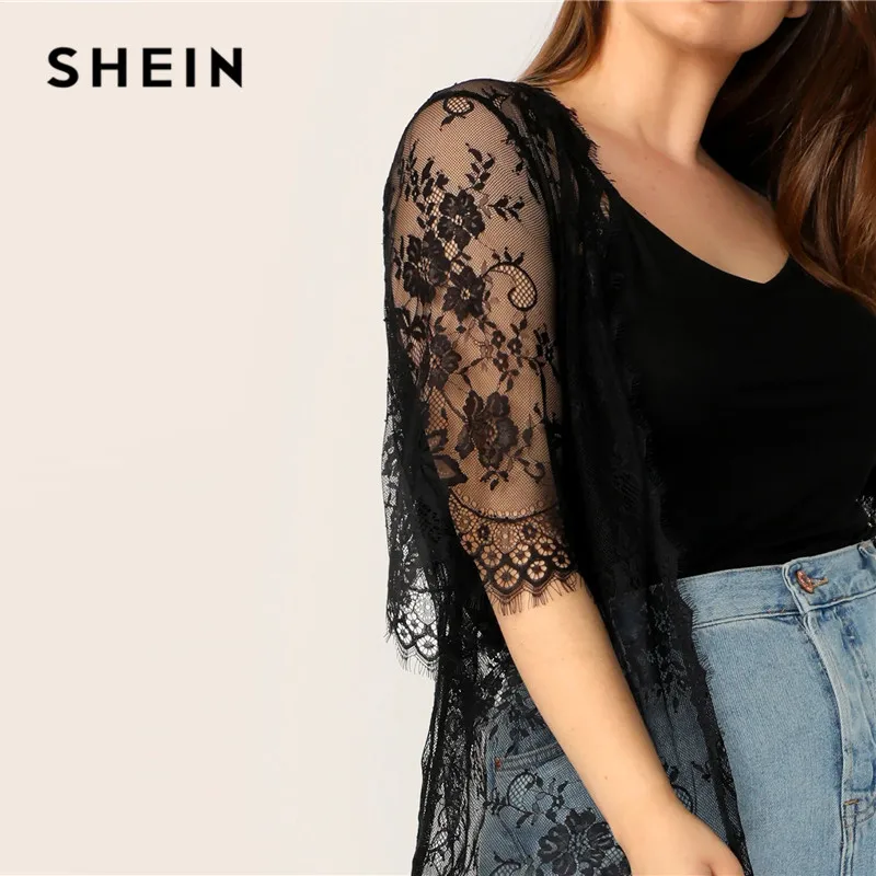 SHEIN Размер Плюс Прозрачное Кимоно С Кружевом И Бахромой Плюс Размера Кимоно С Бахромой Женские Летние Бохо Кимоно