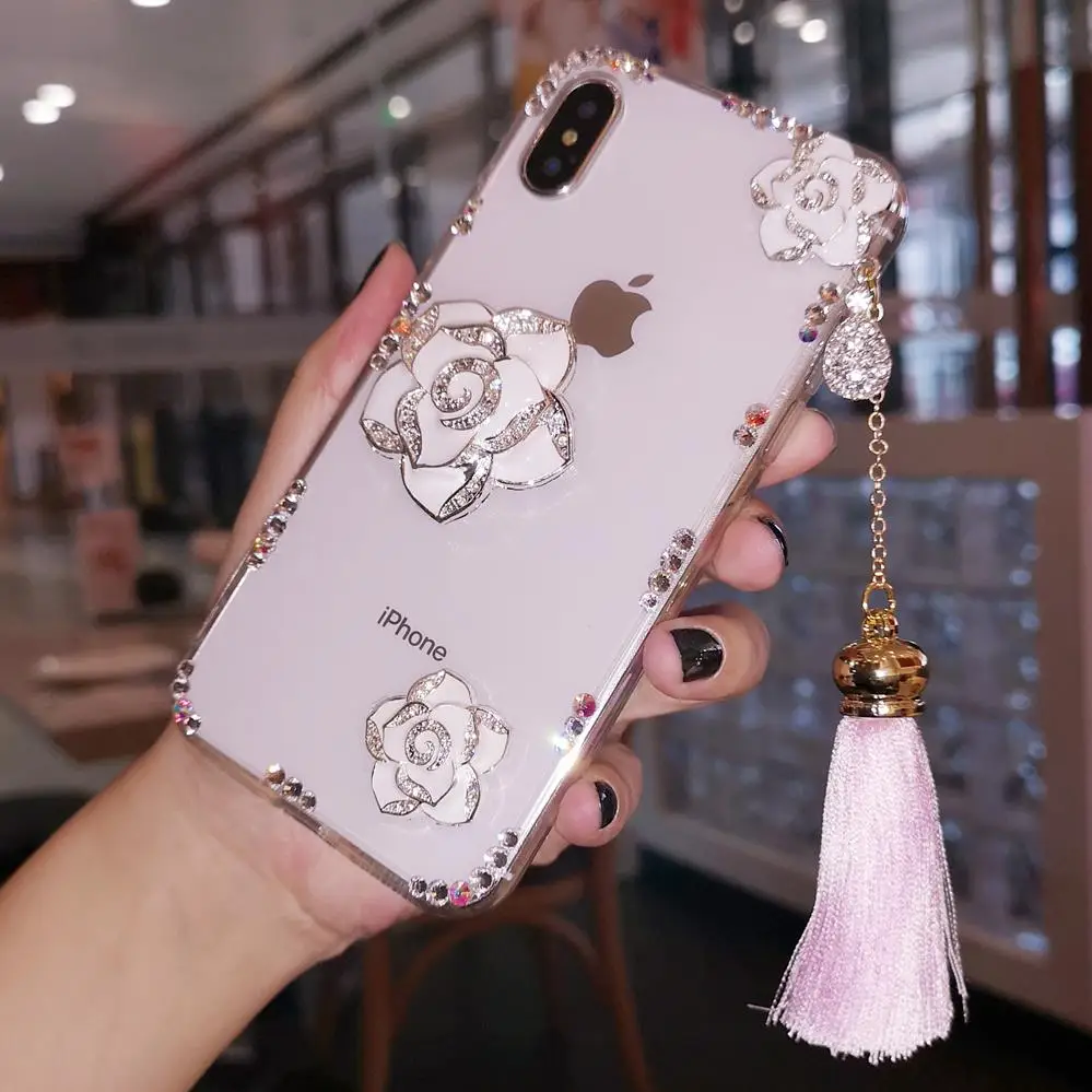 Для iphone XS класса люкс camillia с блестящими цветами из кристалла Алмазный чехол для iphone XR XS Max X, 8, 8 plus, 6, 6 S, 6 P 7 7 P девочкa леди женщина чехол - Цвет: Белый