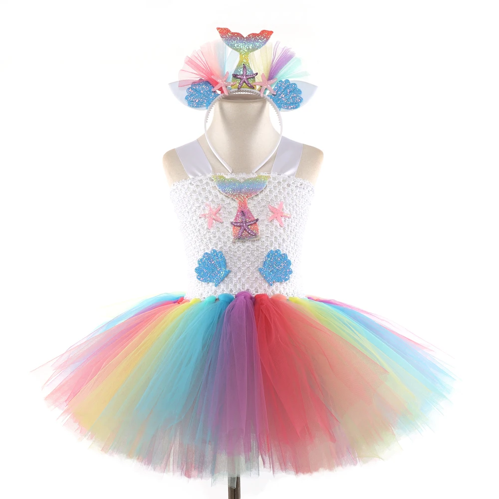 Girls Mermaid Flowers Tutu Dress With Headband Cotton Lining Matching Hair Hoop Set for Kids Birthday Theme Party | Тематическая