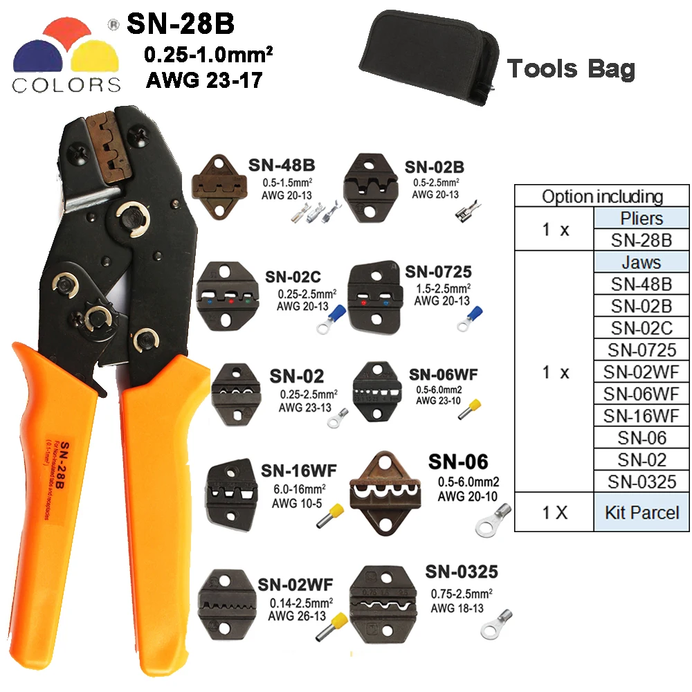 SN-28B 10Jaws bag Обжимные Клещи Инструменты SN-48B для TAB 2,8 4,8 6,3/C3 XH2.54 3,96 штекером с использованием трубки insuated терминалы Электрический зажим мультиинструмент 28B комплект - Цвет: SN-28B 10Jaws bag