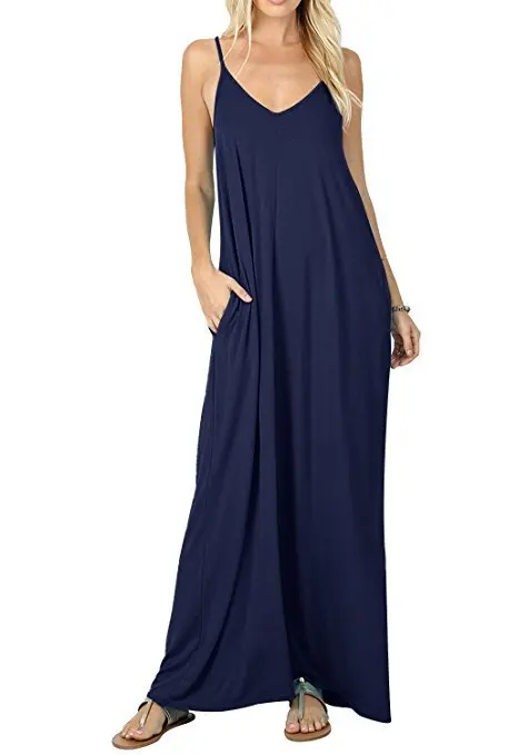 

Women Casual Maxi Dress sLoose Spaghetti Strap Dresses Sleeveless Pocket O Neck Soild Colors Sexy Summer Beach vestidosWHOLESALE