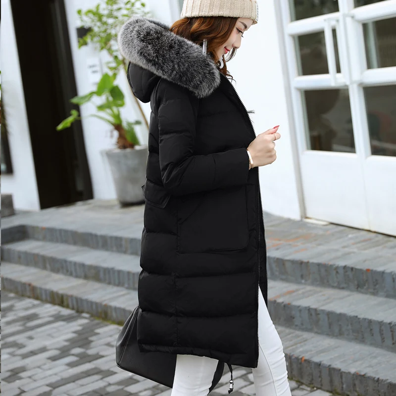 Женский зимний пуховик с капюшоном и меховым женское длинное повседневное
