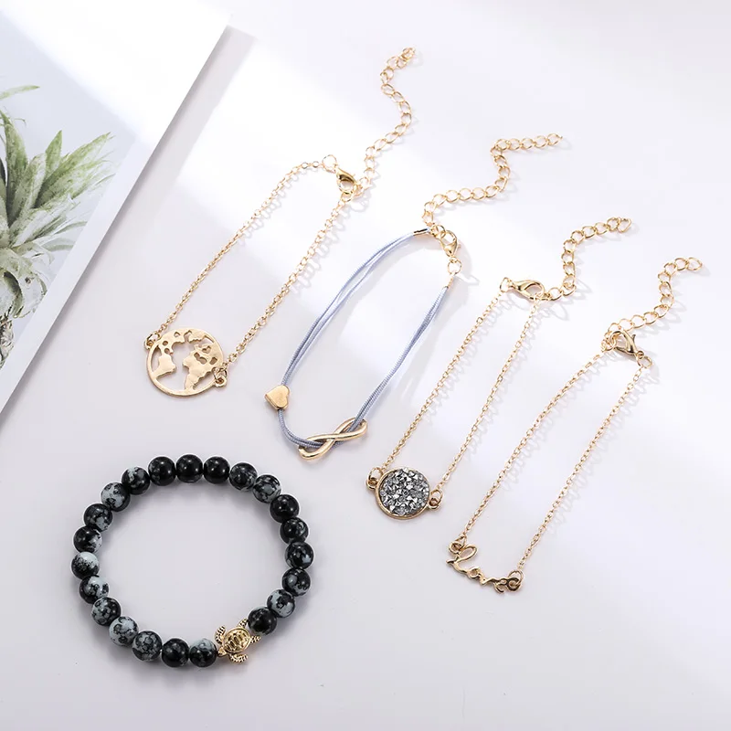 5 Pcs/set Boho Fashion Gold Chain Map Love Letter Pendant Charm Bracelets Set For Women 2019 Trendy Natural Marble Bead Bracelet | Украшения