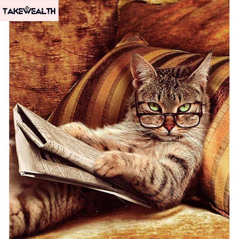 Украшение дома новый рукоделие очки Cat лежа на диване для чтения книг алмазов