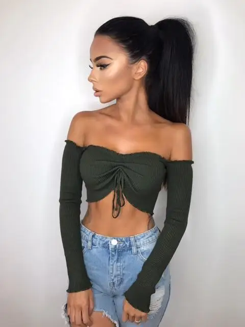 

Women's off shoulder slash neck short tops full sleeve crop blouse autumn Cotton short blouses
