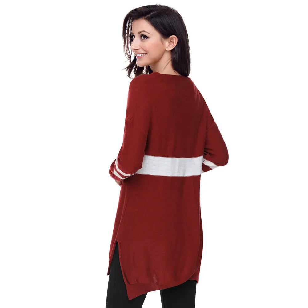 Women Warm Casual Sweater V Neck Patchwork Loose Knit pullovers Long Tops the of European And American | Женская одежда
