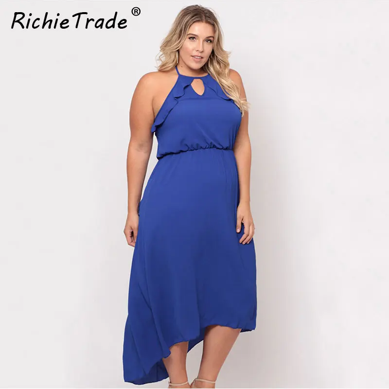Женское платье на бретельках RICHIETRADE синее с оборками без рукавов круглым вырезом