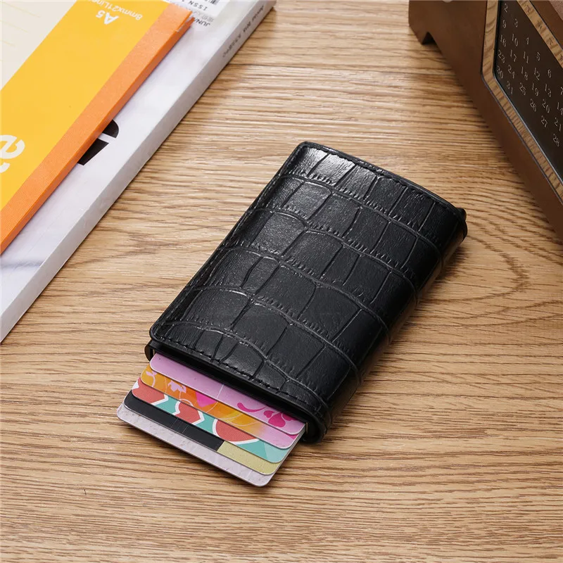 

BISI GORO Vintage Crocodile Pattern PU Leather Mini RFID Wallets for Men Women Aluminum Single Box ID Bank Credit Card Holders