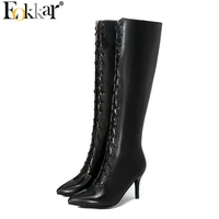 eokkar 2020 women knee high boots satin pointed toe thin high heel all match lace up zipper winter ladies boots big size 34 43