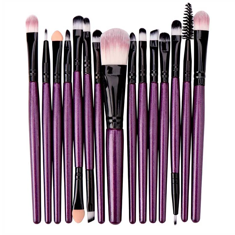 PurpleBlack 15 шт. кисти для макияжа Набор теней для век основа пудра подводка для глаз с ресницами, губами макияж Косметическая кисть, Бьюти - Handle Color: PurpleBlack