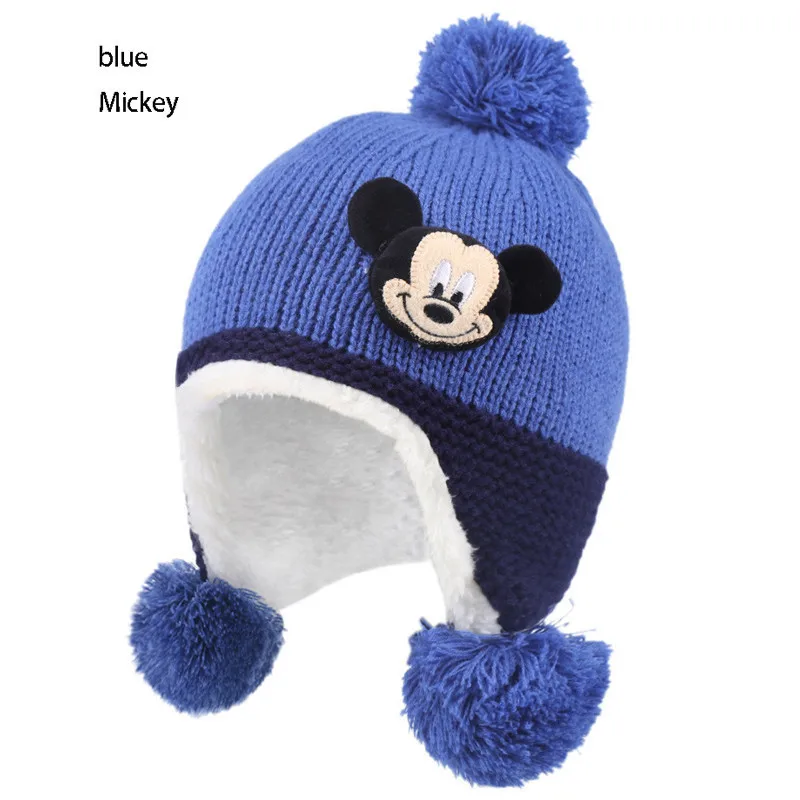 Blue Mickey Детские шапки с Микки Дисней, осенние и зимние шерстяные шапки с добавлением шерсти, теплые детские пуловеры, детские вязаные шапки - Цвет: Blue Mickey