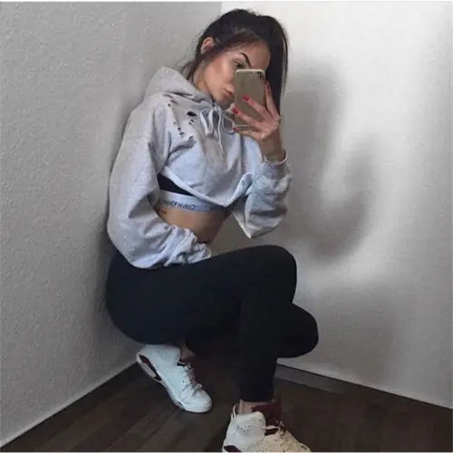 US Женская толстовка с длинным рукавом свитшот повседневный укороченный топ