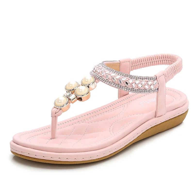 Женские босоножки со стразами и жемчугом коллекция 2019 года весенние на танкетке