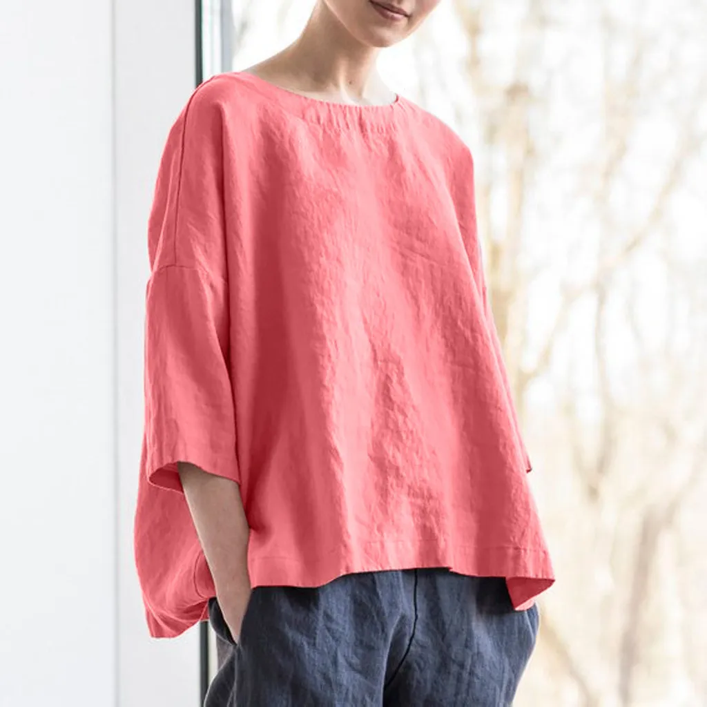 Женская летняя блузка из хлопка и льна больших размеров однотонные Топы с