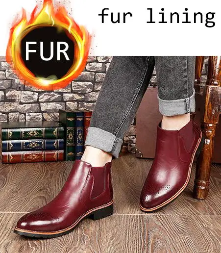 red with fur VESONAL осень зима классические ботильоны челси из натуральной кожи мужская обувь с мехом теплые винтажные мужские повседневные мотоботы - Цвет: red with fur